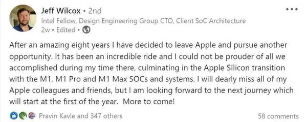 苹果M1芯片设计总监离职，重返英特尔，将负责所有客户端SoC